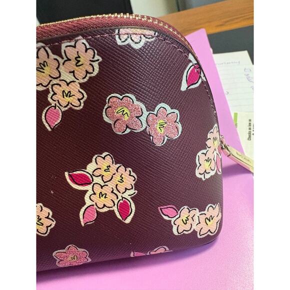 Kate Spade Tinsel Cosmetic Makeup Case Deep Berry  Frosted Floral - Picture 4 of 7